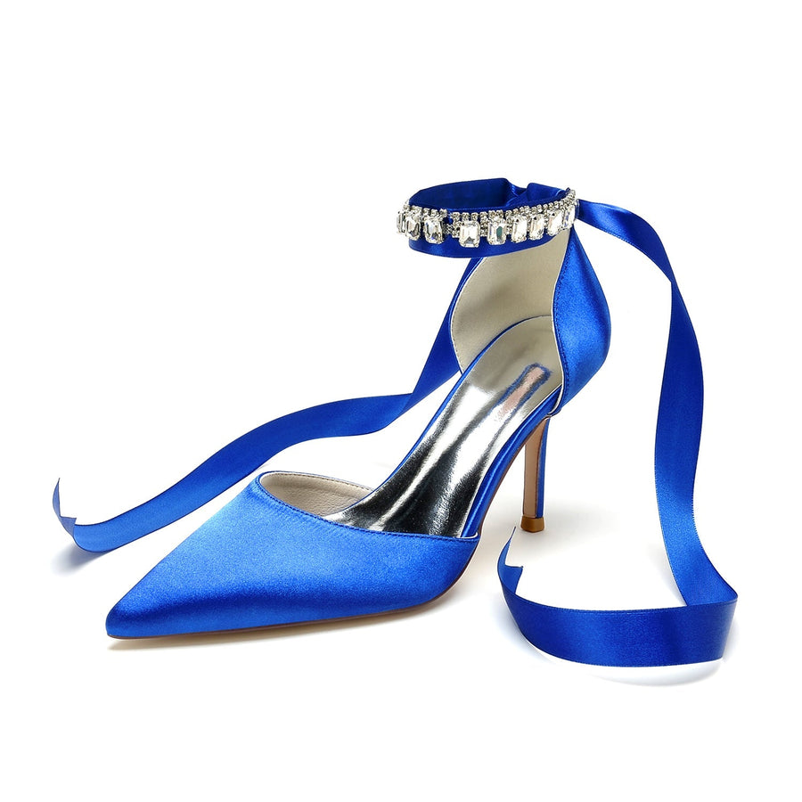Damen Seidensatin Mit Knöchelriemen Schnürung Perlen Strass Geschlossene Zehen Stiletto Absatz Abendschuhe