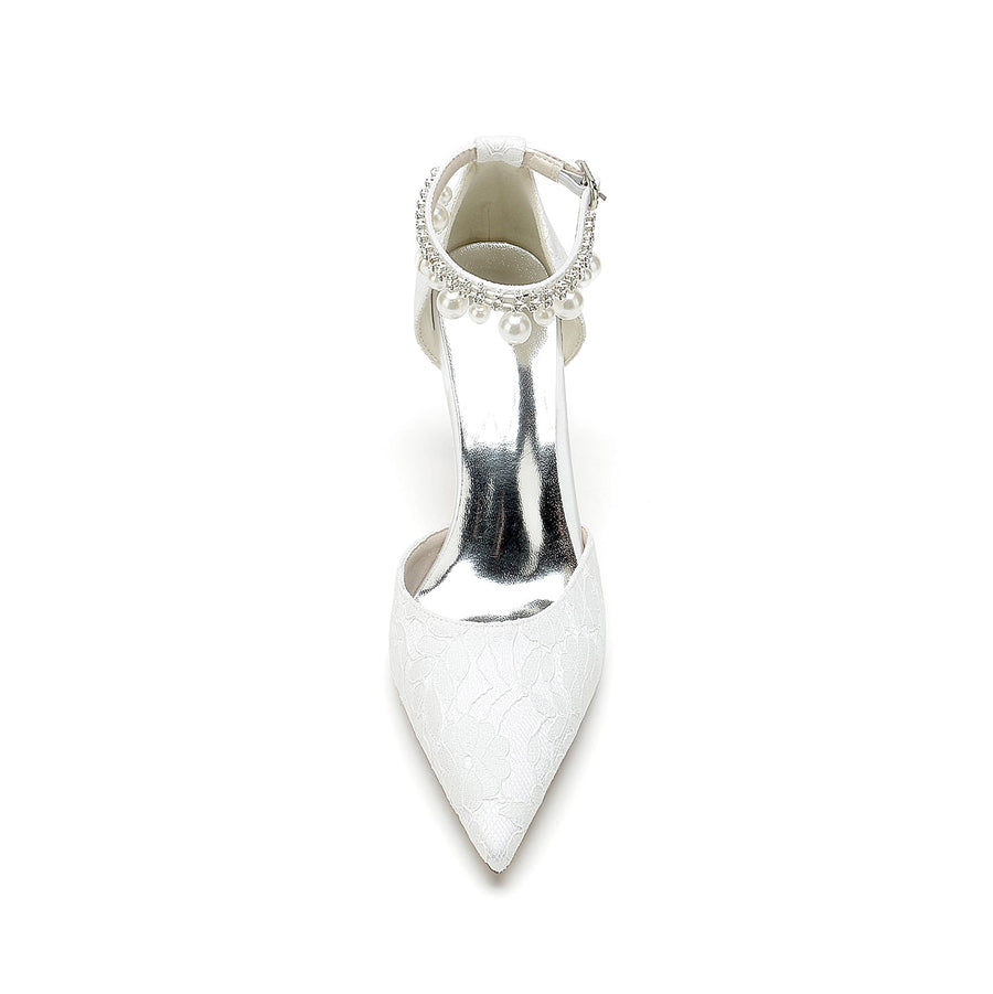 Damen Spitze Seidensatin Mit Knöchelriemen Perle Strass Spitze Quaste Geschlossene Zehen Stiletto Absatz Brautschuhe