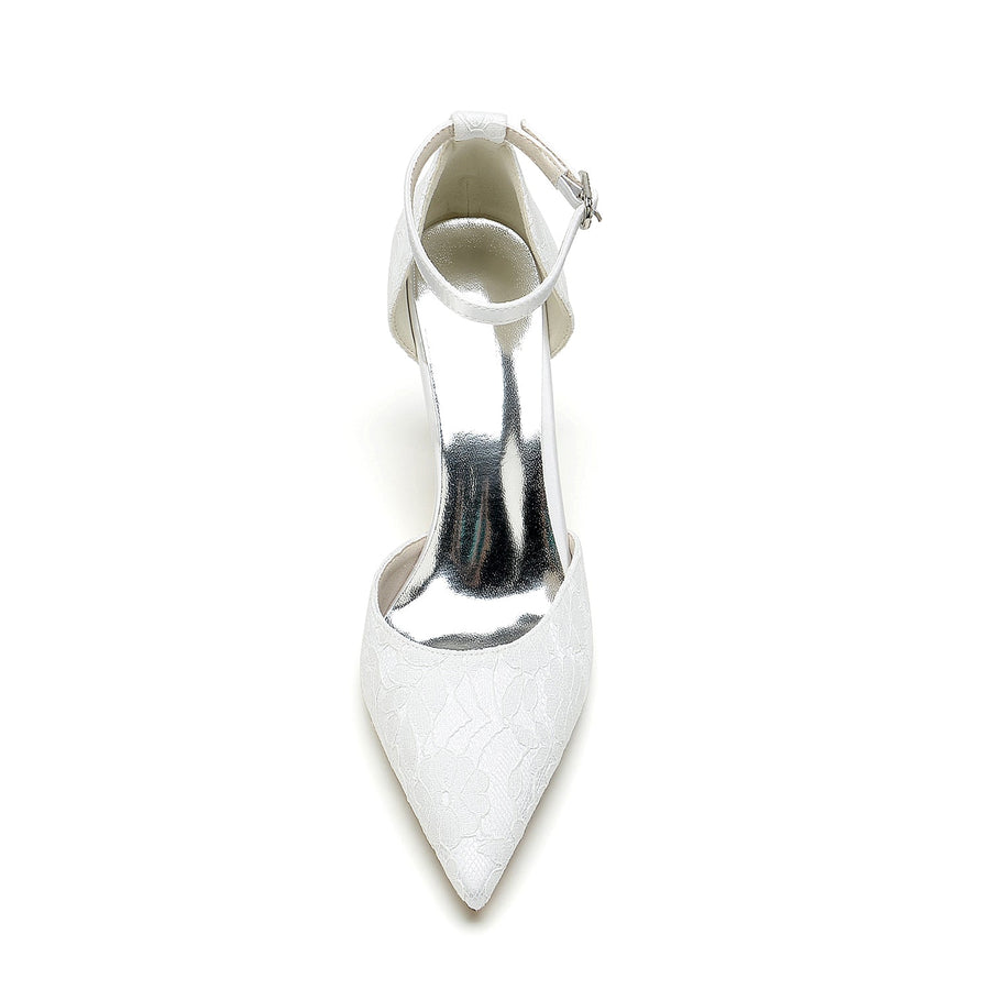 Damen Spitze Seidensatin Mit Knöchelriemen Spitze Geschlossene Zehen Stiletto Absatz Party Schuhe