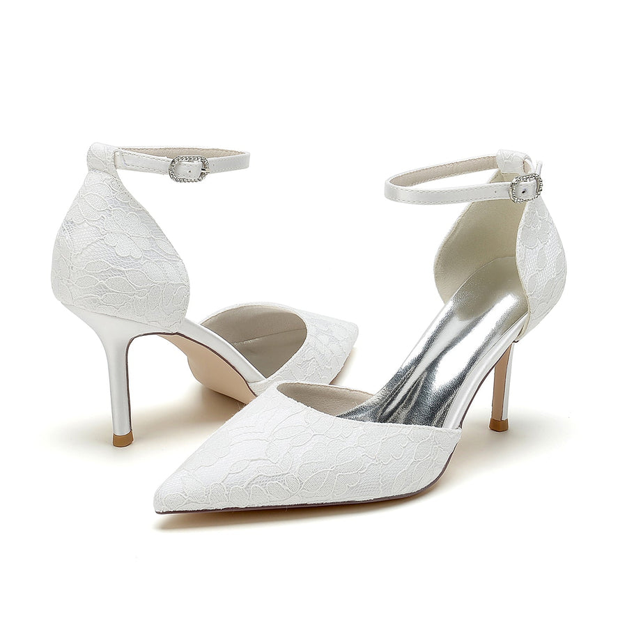 Damen Spitze Seidensatin Mit Knöchelriemen Spitze Geschlossene Zehen Stiletto Absatz Party Schuhe