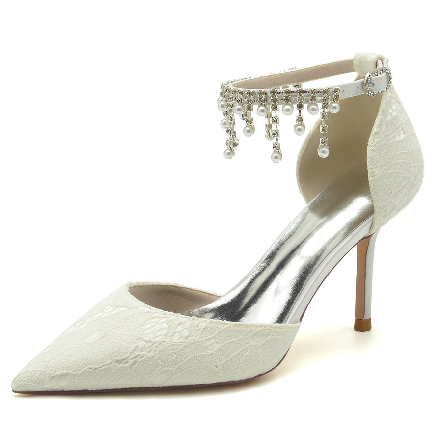 Damen Spitze Mit Knöchelriemen Spitze Quaste Geschlossene Zehen Stiletto Absatz Brautschuhe