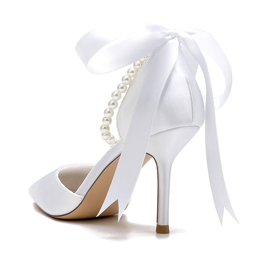 Damen Seidensatin mit Perlen Geschlossene Zehenpartie Knöchelriemen Schnürung Stilettoabsatz Hochzeitsschuhe