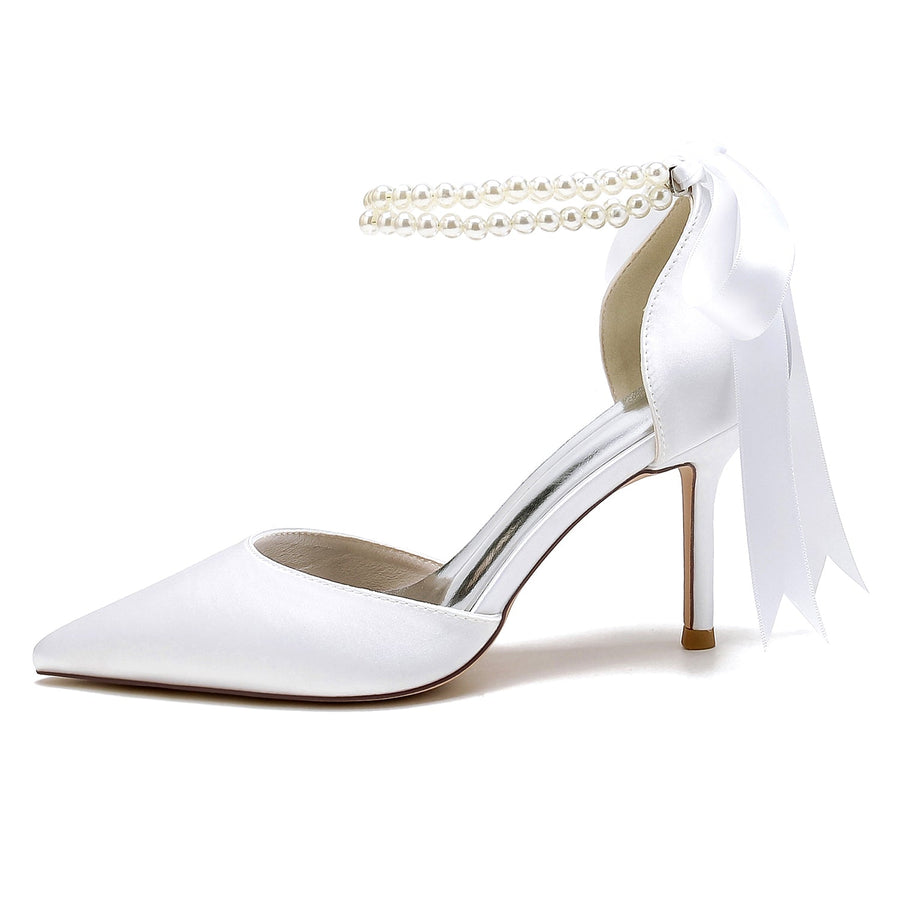 Damen Seidensatin mit Perlen Geschlossene Zehenpartie Knöchelriemen Schnürung Stilettoabsatz Hochzeitsschuhe
