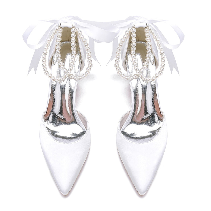 Damen Seidensatin mit Perlen Geschlossene Zehenpartie Knöchelriemen Schnürung Stilettoabsatz Hochzeitsschuhe