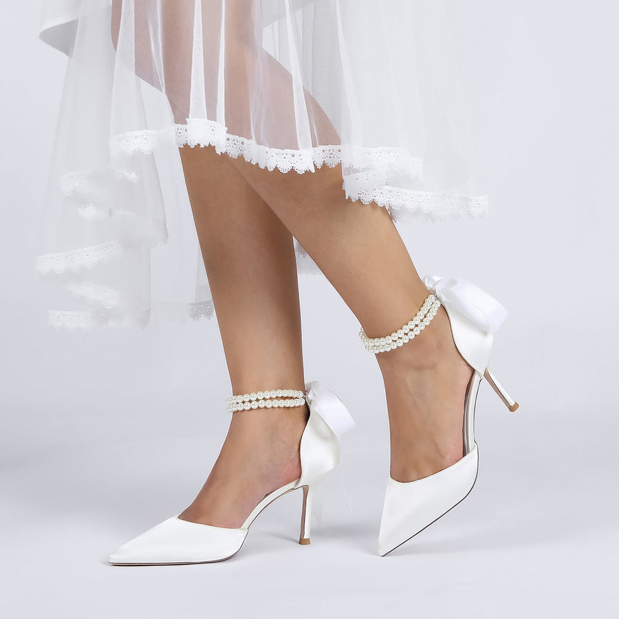 Damen Seidensatin mit Perlen Geschlossene Zehenpartie Knöchelriemen Schnürung Stilettoabsatz Hochzeitsschuhe