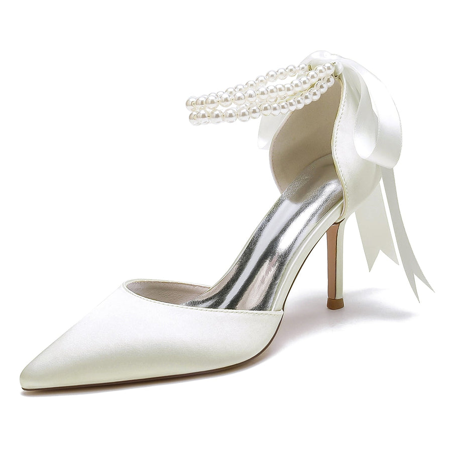 Damen Seidensatin mit Perlen Geschlossene Zehenpartie Knöchelriemen Schnürung Stilettoabsatz Hochzeitsschuhe