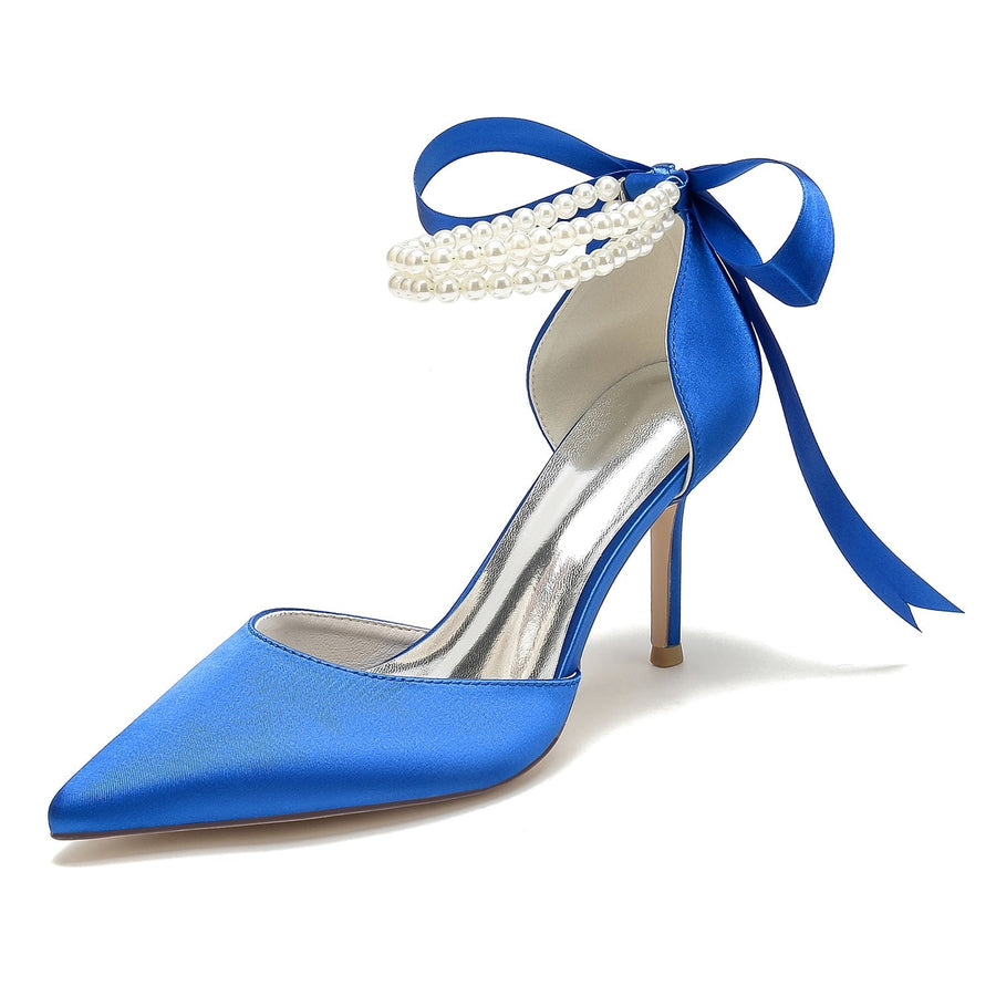 Damen Seidensatin mit Perlen Geschlossene Zehenpartie Knöchelriemen Schnürung Stilettoabsatz Hochzeitsschuhe