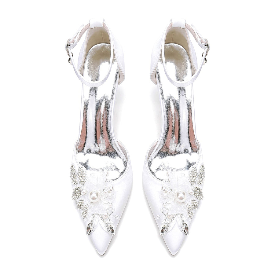 Damen Seidensatin mit Knöchelriemen Blume Strass Geschlossene Zehen Stiletto Absatz Brautschuhe