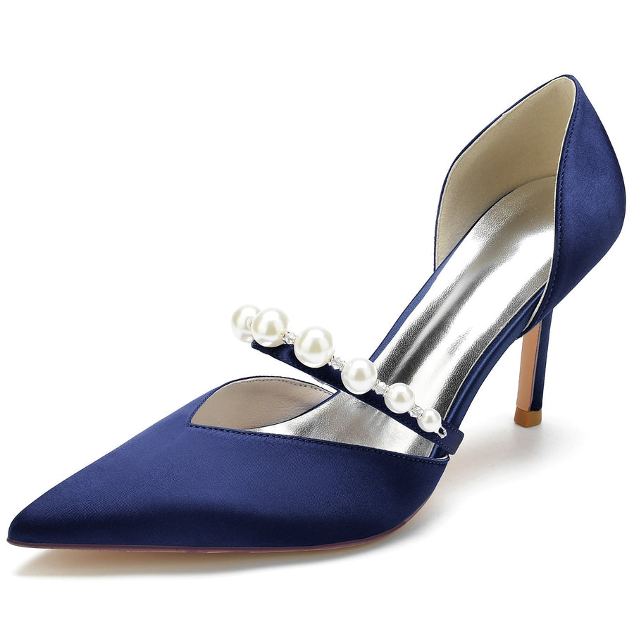 Damen Geschlossene Zehe Seidensatin Mit Perlen Stiletto-Absatz Partyschuhe