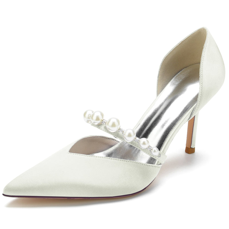 Damen Geschlossene Zehe Seidensatin Mit Perlen Stiletto-Absatz Partyschuhe
