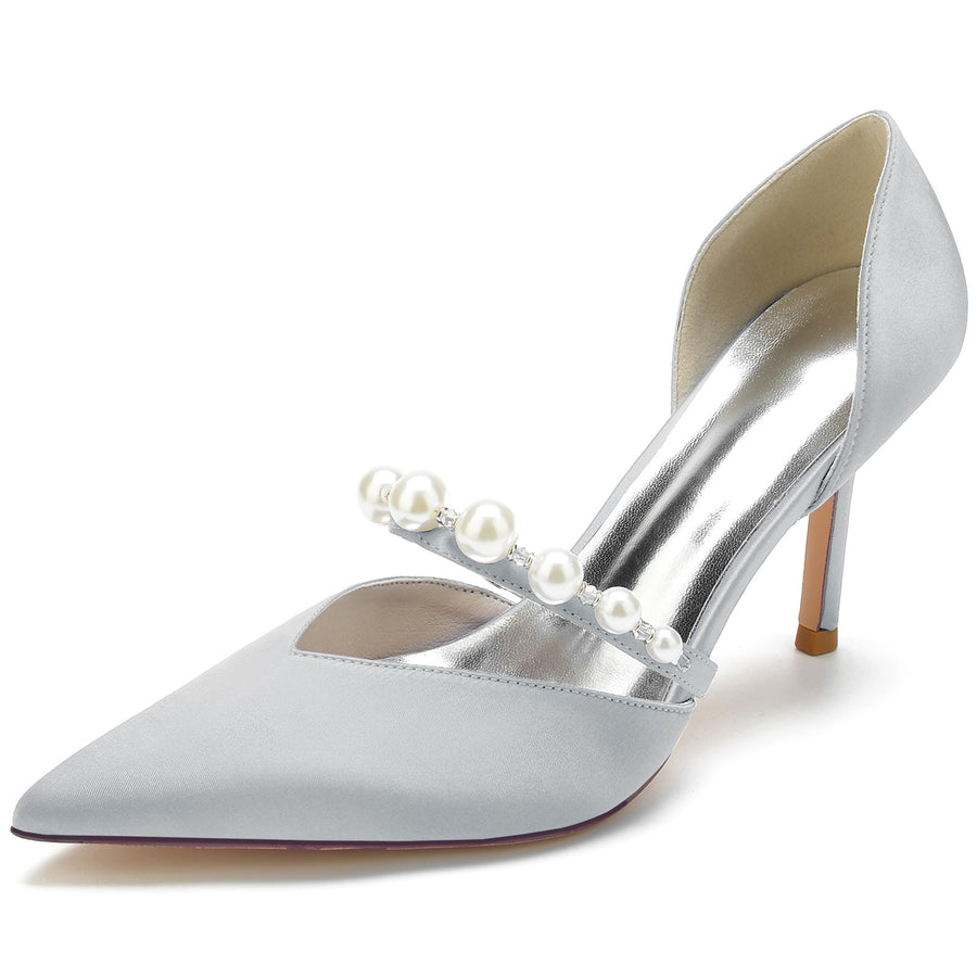 Damen Geschlossene Zehe Seidensatin Mit Perlen Stiletto-Absatz Partyschuhe