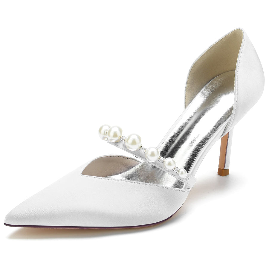 Damen Geschlossene Zehe Seidensatin Mit Perlen Stiletto-Absatz Partyschuhe