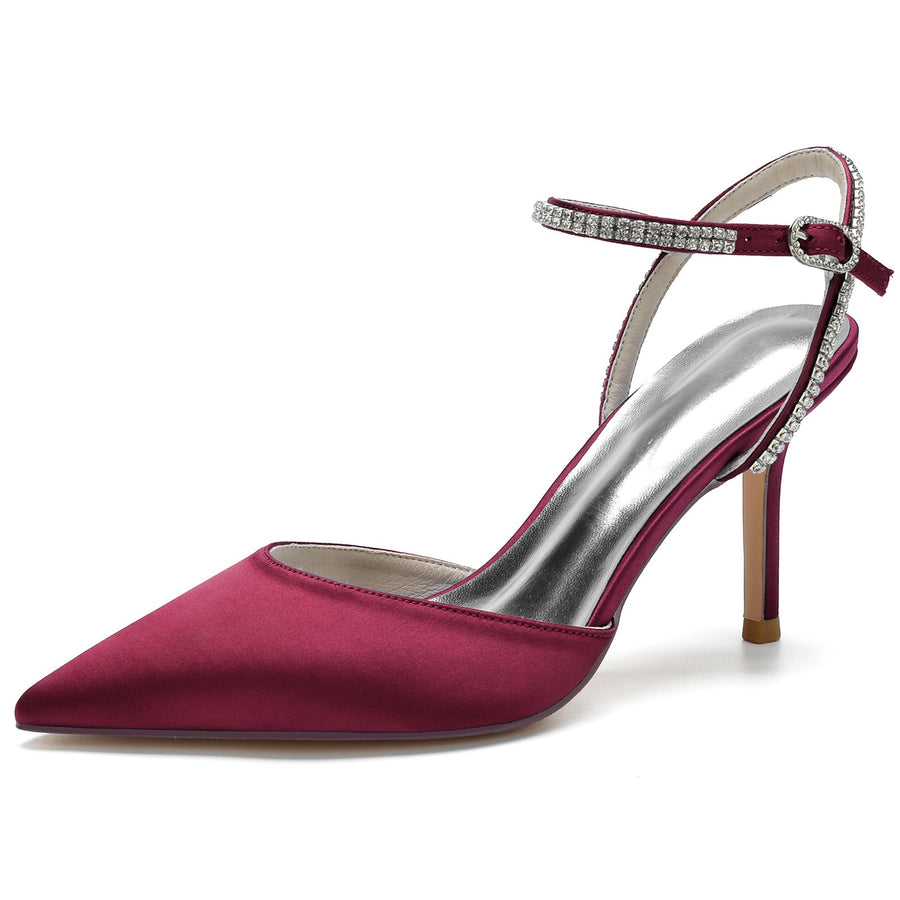 Damen Seidensatin mit Strass Knöchelriemen Geschlossene Zehen Stilettoabsatz Partyschuhe