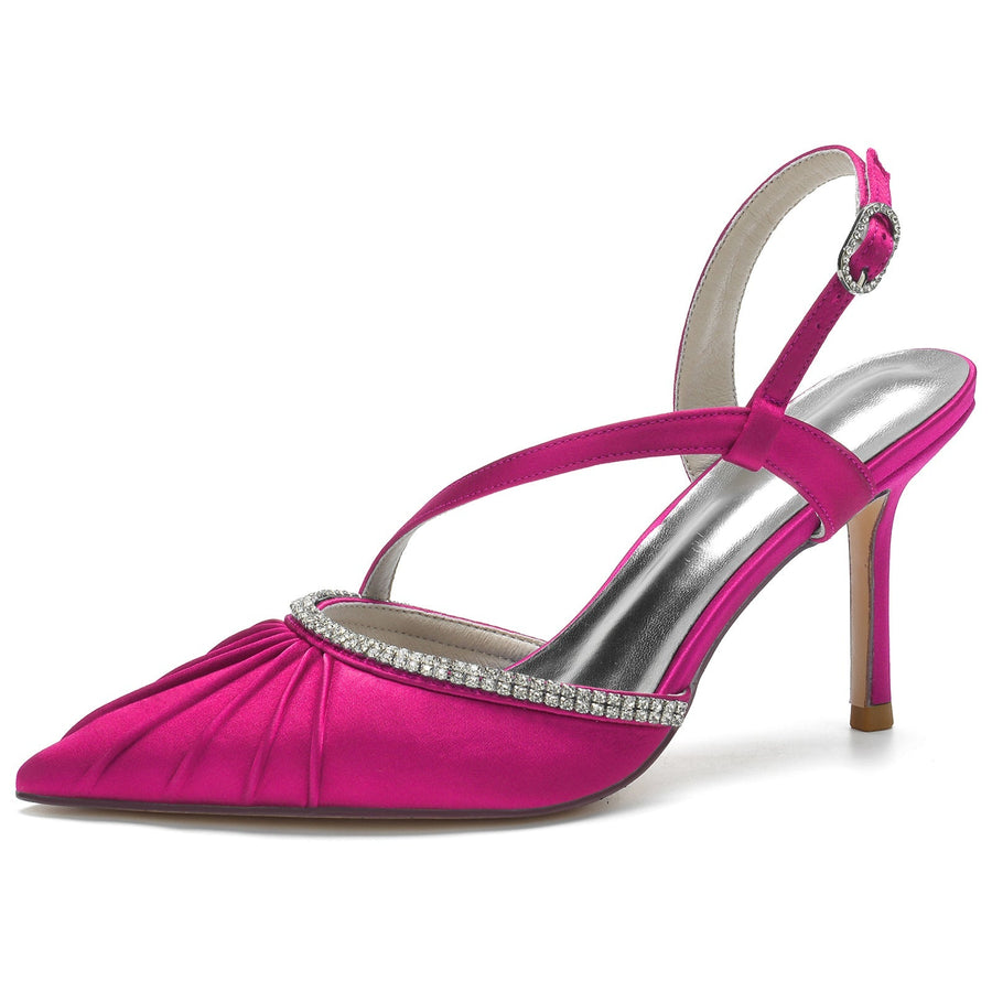 Damen Abendschuhe mit Knöchelriemen, Seidensatin, Strass, geschlossene Zehenpartie, Stilettoabsatz