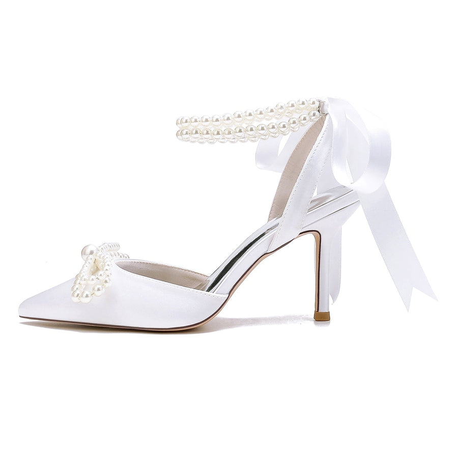 Damen Seidensatin Mit Knöchelriemen Schnürung Perle Geschlossene Zehen Stiletto Absatz Party Schuhe