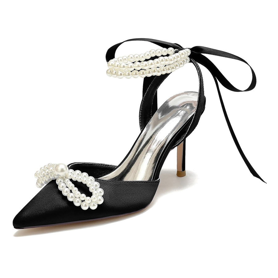 Damen Seidensatin Mit Knöchelriemen Schnürung Perle Geschlossene Zehen Stiletto Absatz Party Schuhe