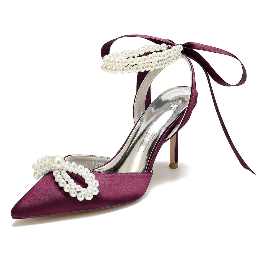 Damen Seidensatin Mit Knöchelriemen Schnürung Perle Geschlossene Zehen Stiletto Absatz Party Schuhe