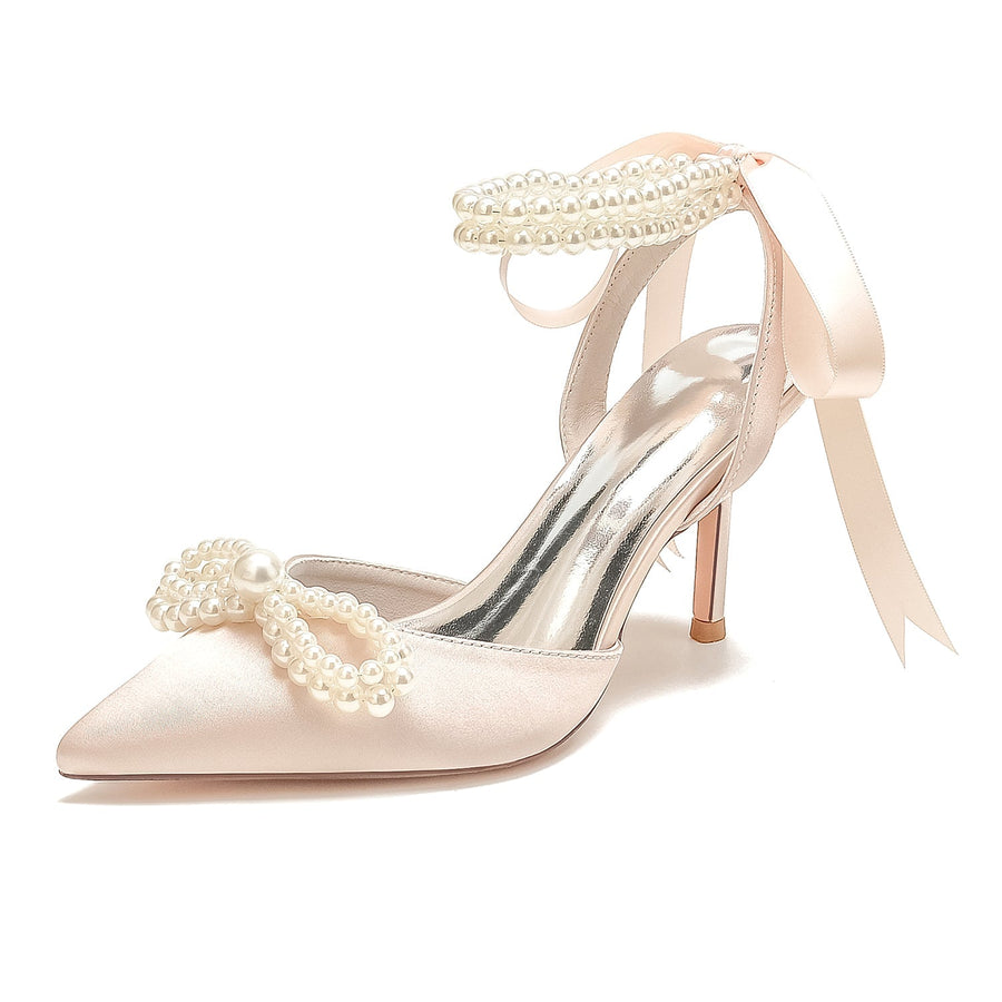 Damen Seidensatin Mit Knöchelriemen Schnürung Perle Geschlossene Zehen Stiletto Absatz Party Schuhe