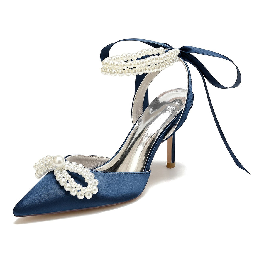 Damen Seidensatin Mit Knöchelriemen Schnürung Perle Geschlossene Zehen Stiletto Absatz Party Schuhe