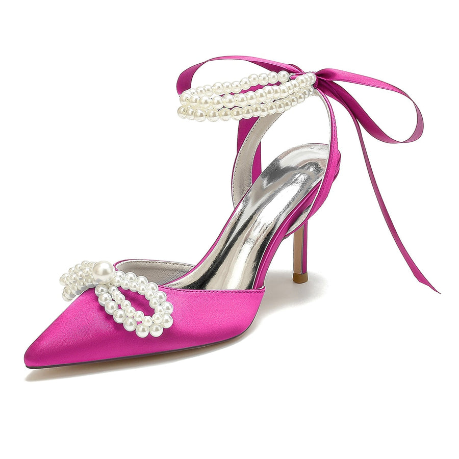 Damen Seidensatin Mit Knöchelriemen Schnürung Perle Geschlossene Zehen Stiletto Absatz Party Schuhe