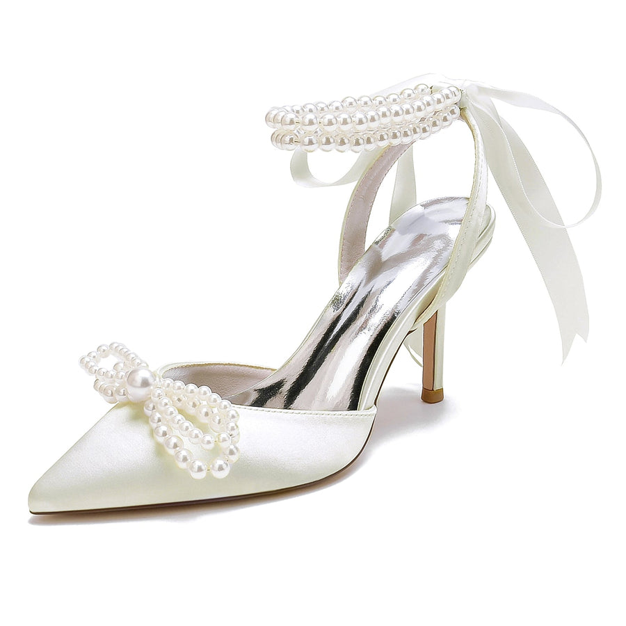 Damen Seidensatin Mit Knöchelriemen Schnürung Perle Geschlossene Zehen Stiletto Absatz Party Schuhe