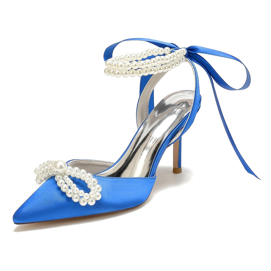Damen Seidensatin Mit Knöchelriemen Schnürung Perle Geschlossene Zehen Stiletto Absatz Party Schuhe