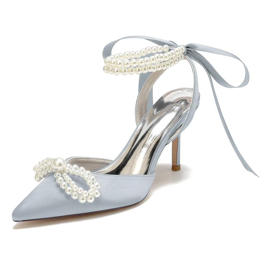 Damen Seidensatin Mit Knöchelriemen Schnürung Perle Geschlossene Zehen Stiletto Absatz Party Schuhe