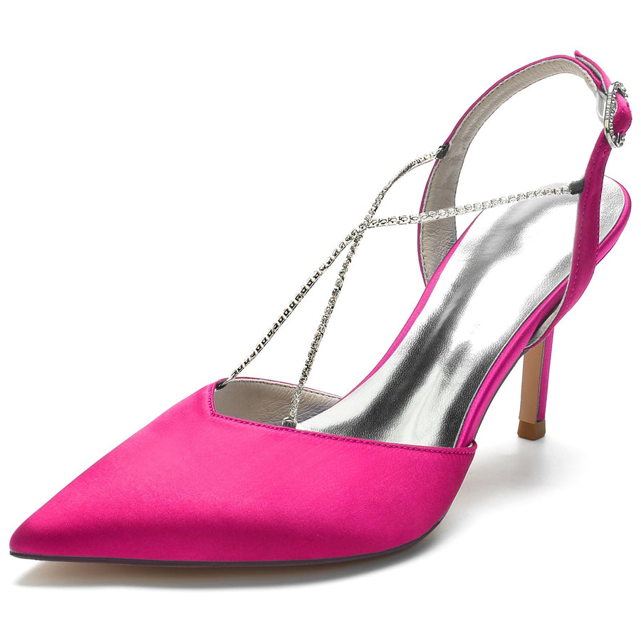 Damen Seidensatin Mit Knöchelriemen Strass Stiletto-Absatz Geschlossene Zehe Hochzeitsschuhe