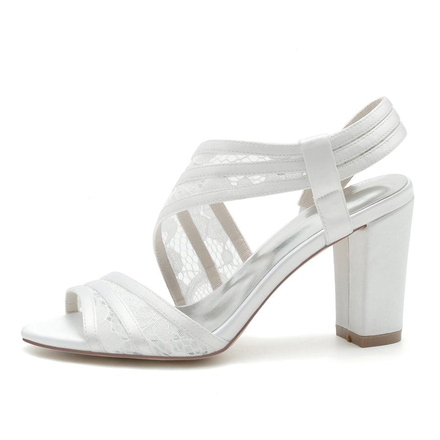 Damen Seidensatin mit Knöchelriemen Spitze Peep Toe Blockabsatz Partyschuhe