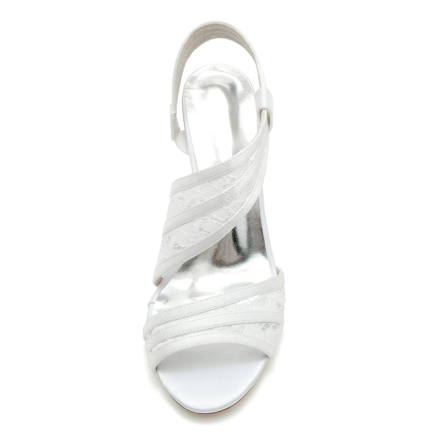 Damen Seidensatin mit Knöchelriemen Spitze Peep Toe Blockabsatz Partyschuhe