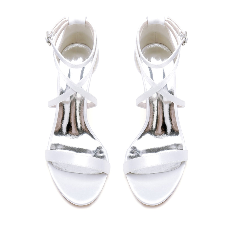 Damen Seidensatin mit Knöchelriemen Peep Toe Blockabsatz Hochzeitsschuhe