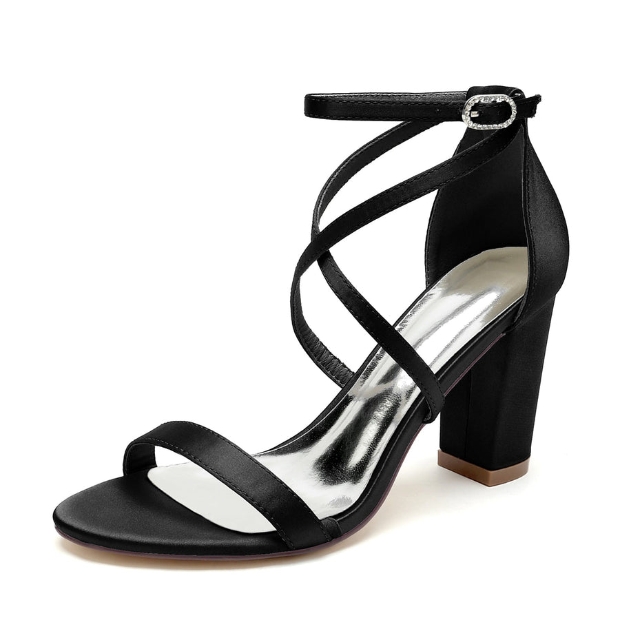 Damen Seidensatin mit Knöchelriemen Peep Toe Blockabsatz Hochzeitsschuhe