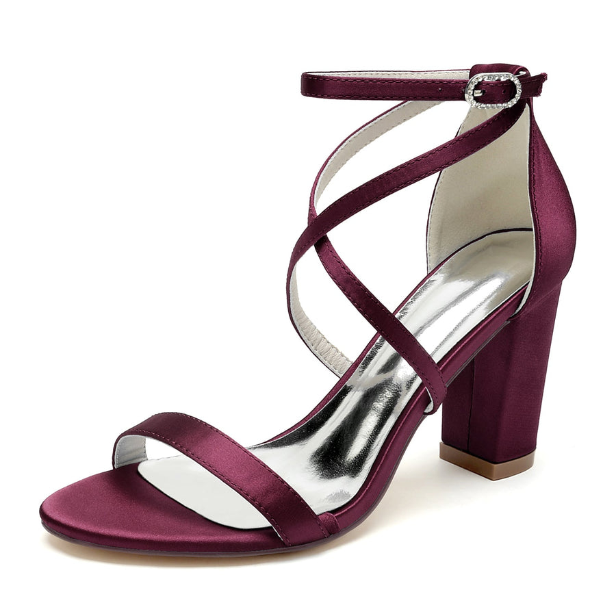 Damen Seidensatin mit Knöchelriemen Peep Toe Blockabsatz Hochzeitsschuhe