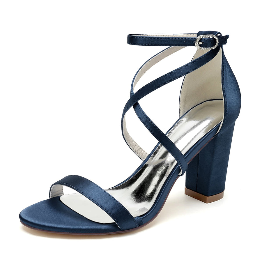 Damen Seidensatin mit Knöchelriemen Peep Toe Blockabsatz Hochzeitsschuhe