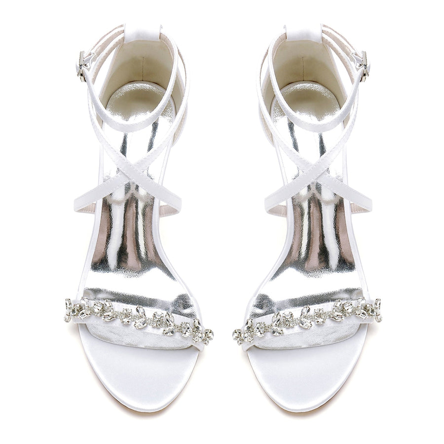 Damen Seidensatin Mit Knöchelriemen Strass Peep Toe Blockabsatz Partyschuhe