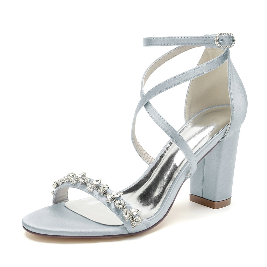 Damen Seidensatin Mit Knöchelriemen Strass Peep Toe Blockabsatz Partyschuhe