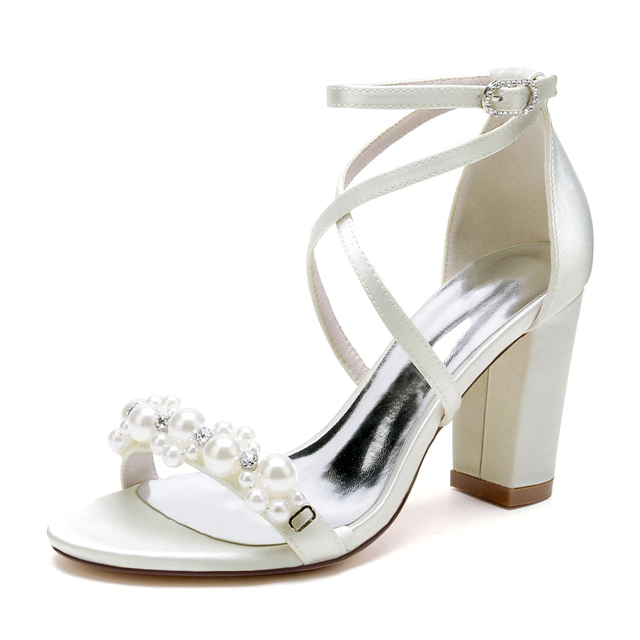 Damen Seidensatin mit Knöchelriemen Perle Strass Peep Toe Blockabsatz Hochzeitsschuhe