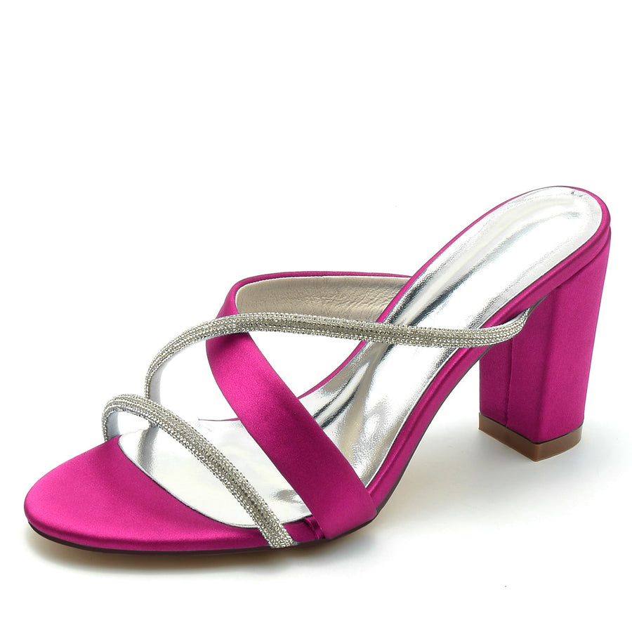 Damen Seidensatin mit Strass Peep Toe Blockabsatz Hochzeitsschuhe