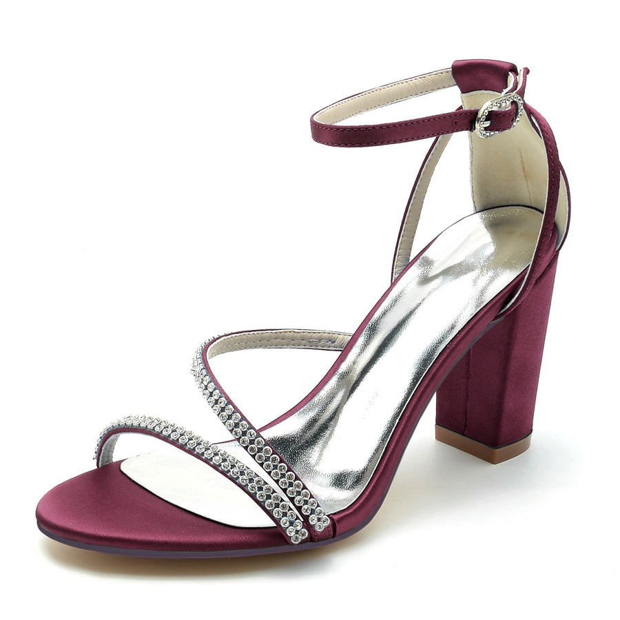 Damen Seidensatin mit Peep Toe Knöchelriemen Strasssteine Blockabsatz Abendschuhe