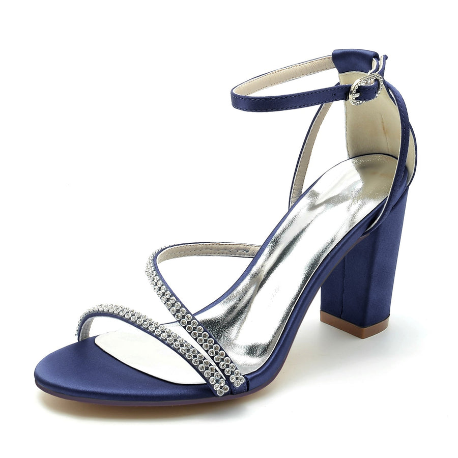 Damen Seidensatin mit Peep Toe Knöchelriemen Strasssteine Blockabsatz Abendschuhe