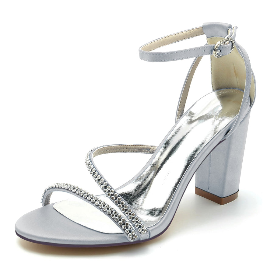 Damen Seidensatin mit Peep Toe Knöchelriemen Strasssteine Blockabsatz Abendschuhe