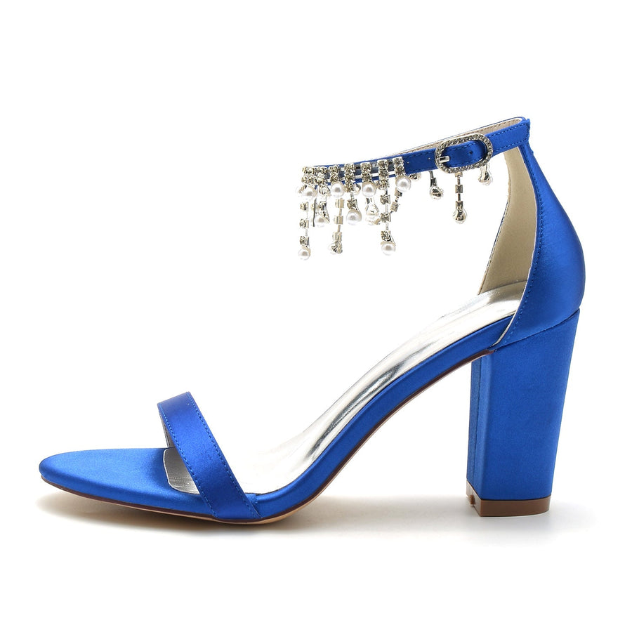 Damen Seidensatin mit Knöchelriemen Strass Quaste Peep Toe Blockabsatz Hochzeitsschuhe