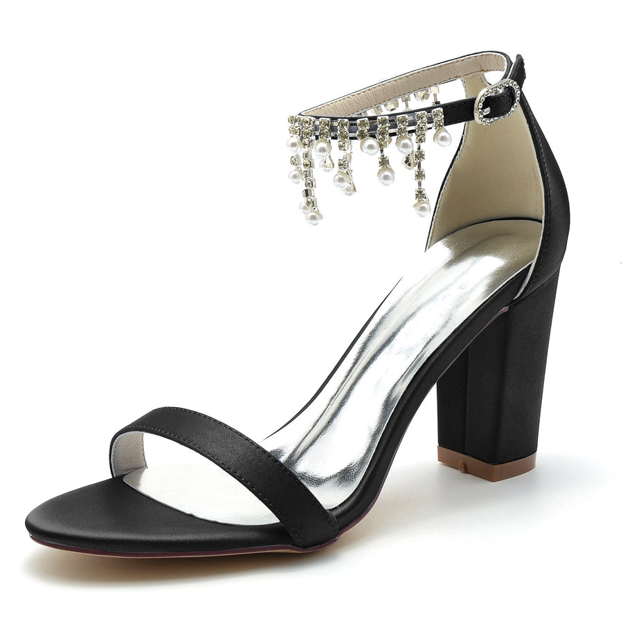 Damen Seidensatin mit Knöchelriemen Strass Quaste Peep Toe Blockabsatz Hochzeitsschuhe