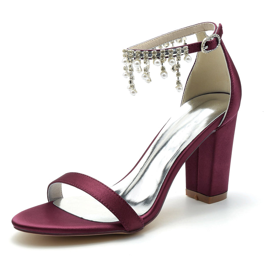 Damen Seidensatin mit Knöchelriemen Strass Quaste Peep Toe Blockabsatz Hochzeitsschuhe
