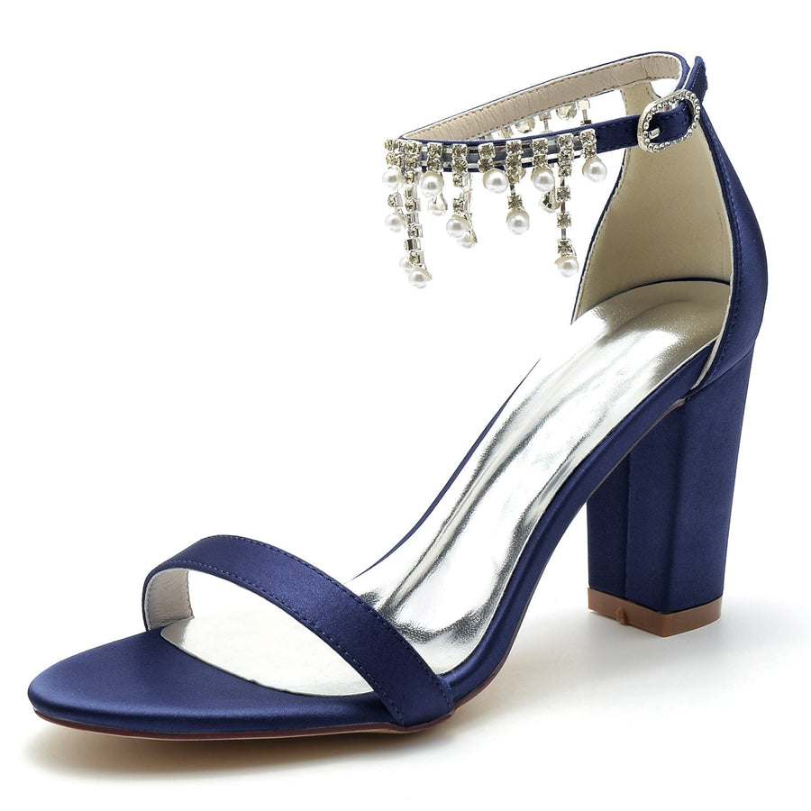 Damen Seidensatin mit Knöchelriemen Strass Quaste Peep Toe Blockabsatz Hochzeitsschuhe