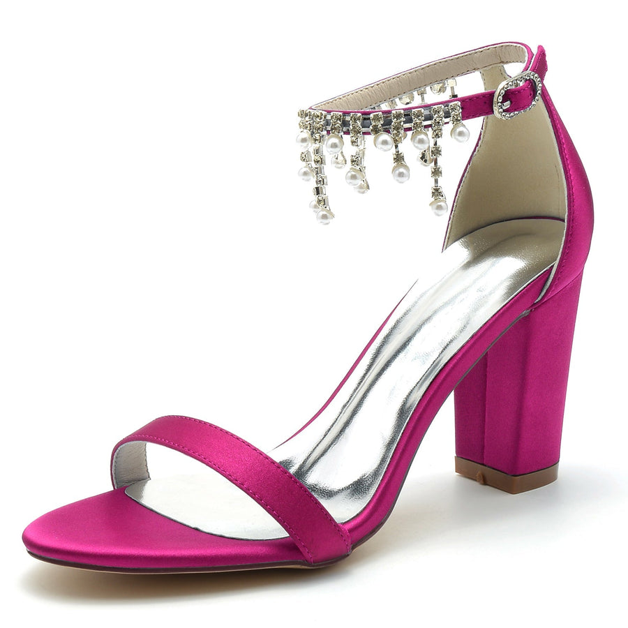 Damen Seidensatin mit Knöchelriemen Strass Quaste Peep Toe Blockabsatz Hochzeitsschuhe