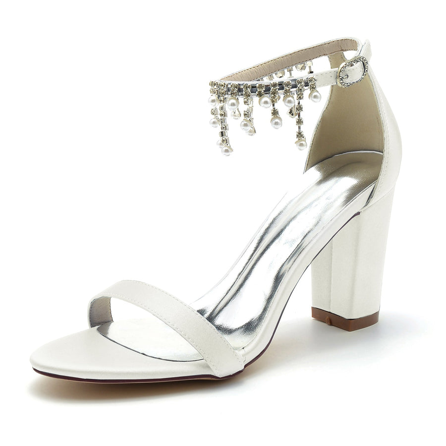 Damen Seidensatin mit Knöchelriemen Strass Quaste Peep Toe Blockabsatz Hochzeitsschuhe