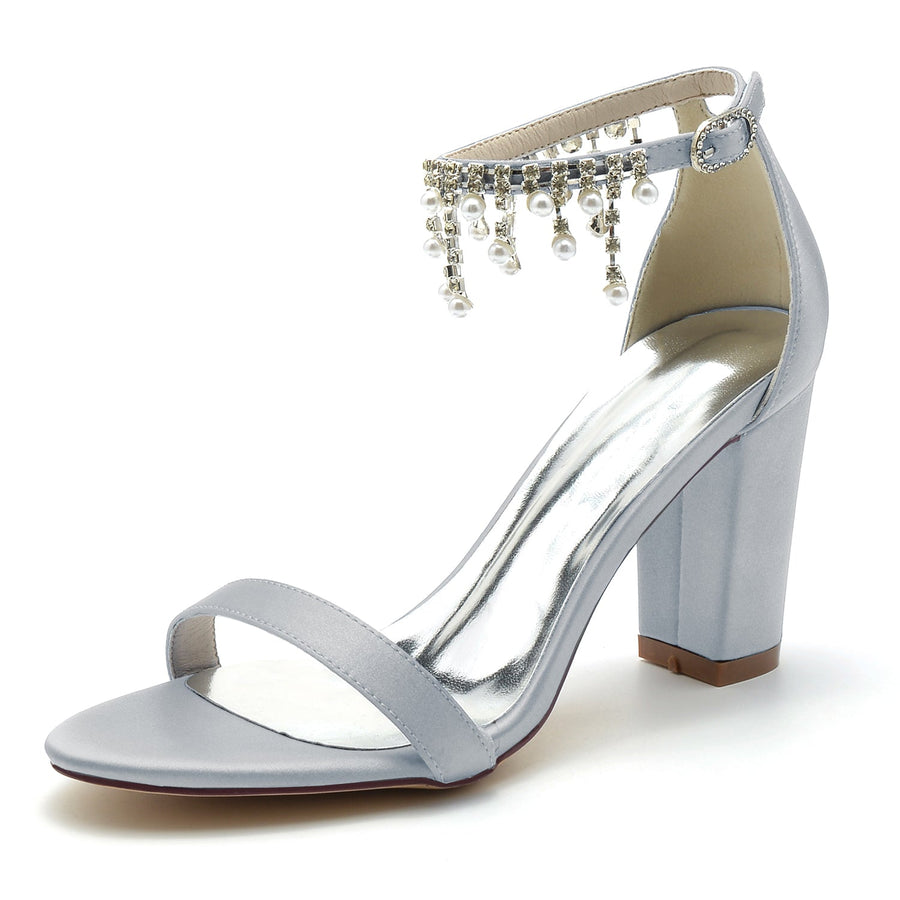 Damen Seidensatin mit Knöchelriemen Strass Quaste Peep Toe Blockabsatz Hochzeitsschuhe