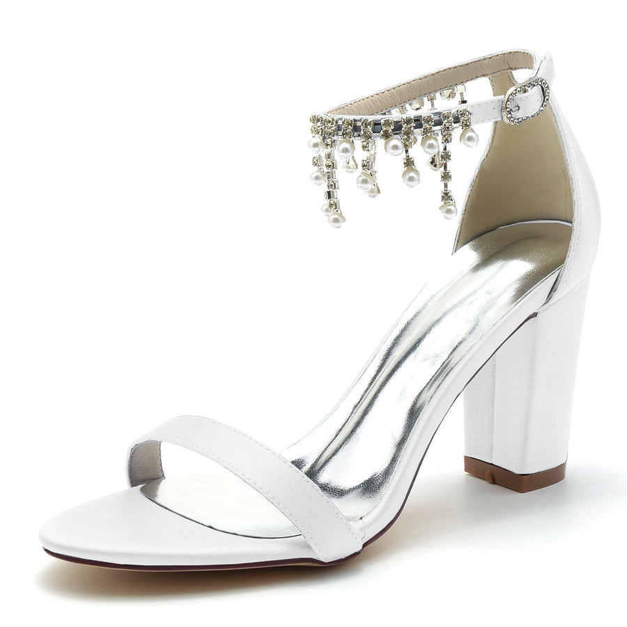 Damen Seidensatin mit Knöchelriemen Strass Quaste Peep Toe Blockabsatz Hochzeitsschuhe