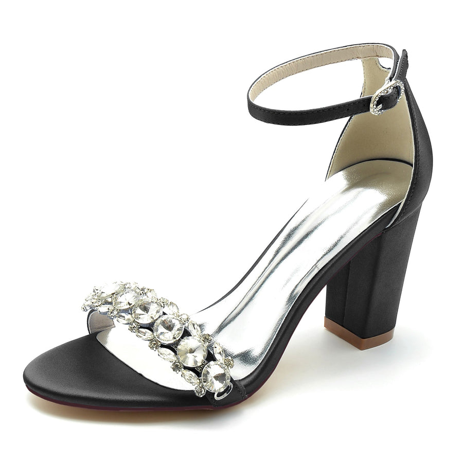 Damen Seidensatin mit Strass Knöchelriemen Peep Toe Blockabsatz Partyschuhe